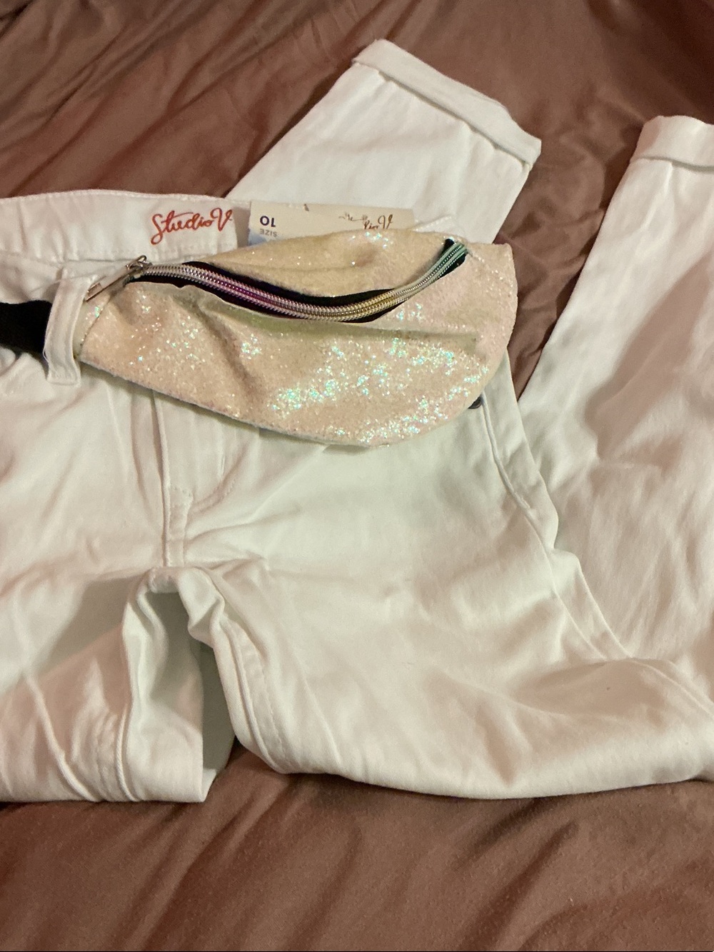Studio Y White Jeans with Iridescent Glitter Belt Bag
